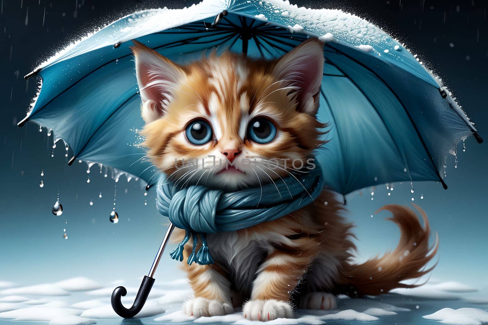 kitten sits under an umbrella, it is raining, snowing. AI generated image.
