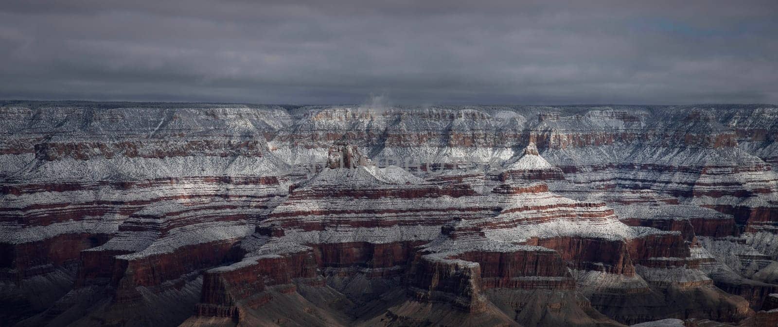 Fresh snow has fallen at the North Rim of The Grand Canyon at Grand Canyon National Park, Arizona