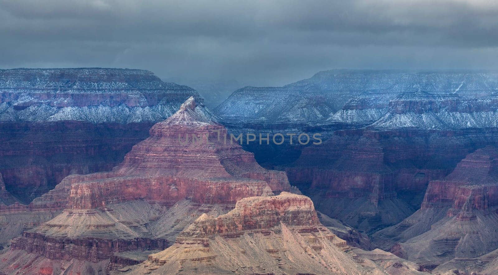Fresh snow has fallen at the South and North Rims of The Grand Canyon at Grand Canyon National Park, Arizona