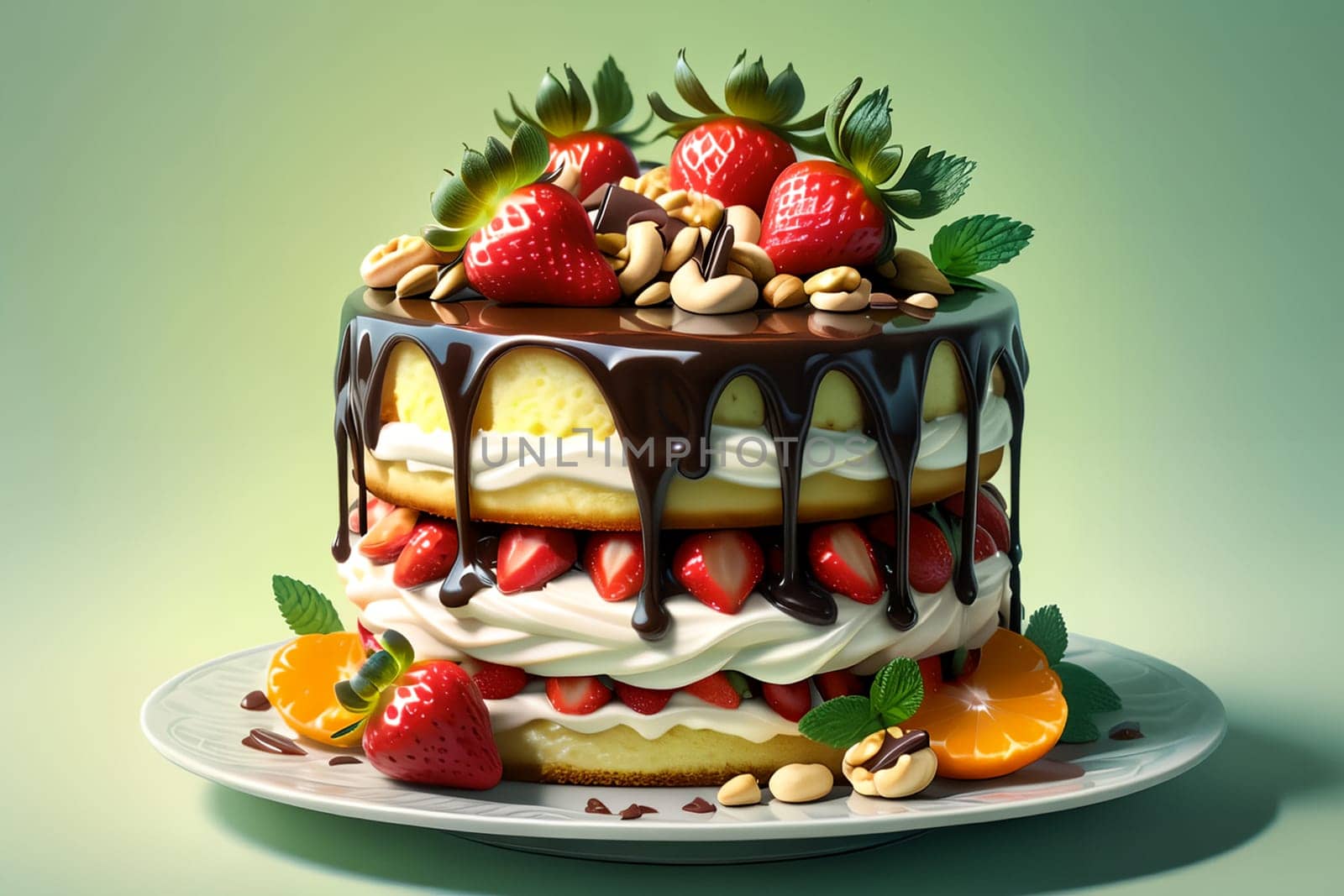 fruit cake with strawberry cream, nuts, tangerines isolated on a light green background