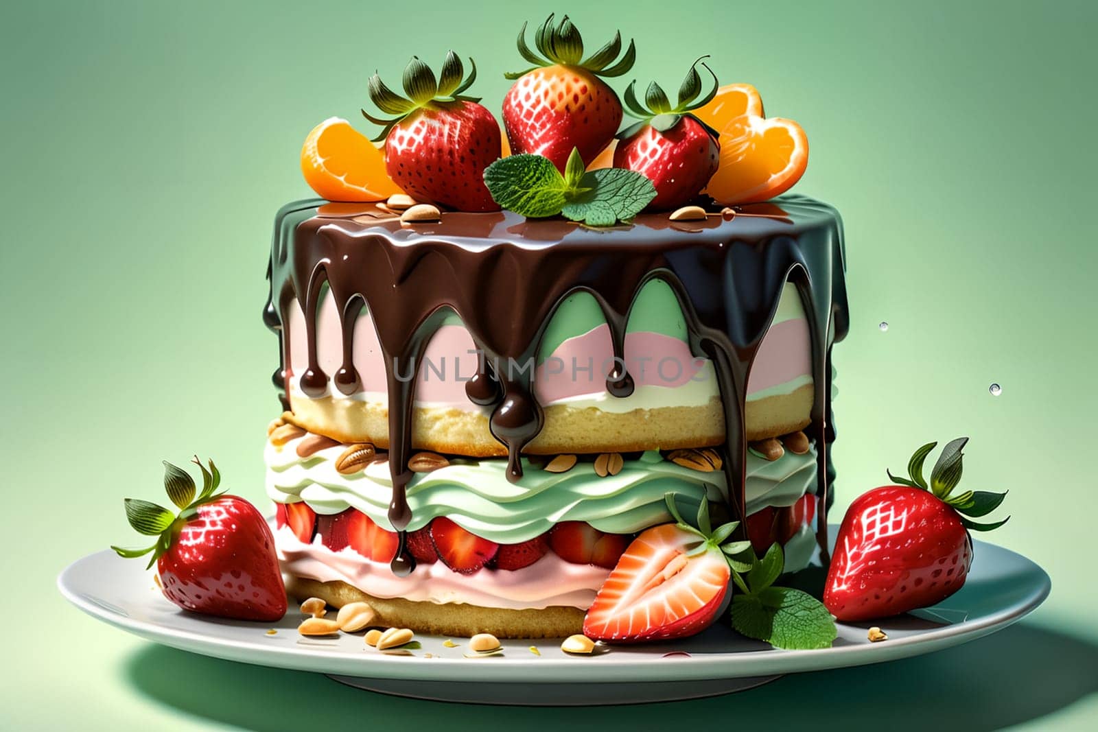 fruit cake with strawberry cream, nuts, tangerines isolated on a light green background