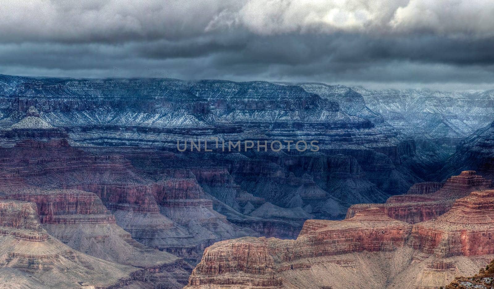 Fresh snow has fallen at the North Rim of The Grand Canyon at Grand Canyon National Park, Arizona
