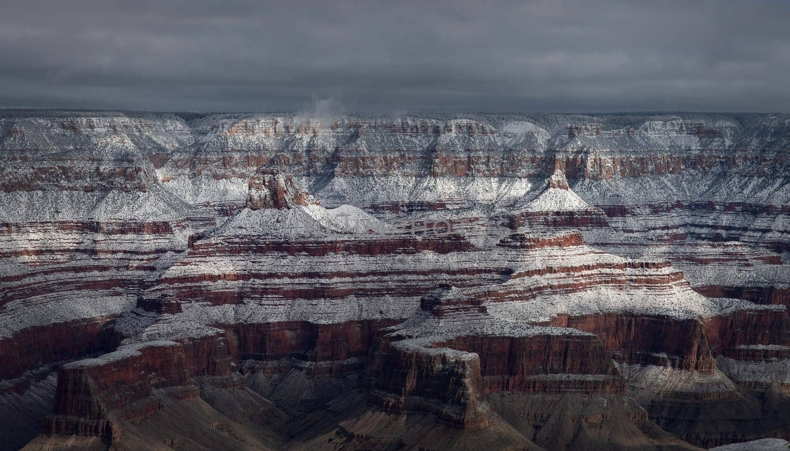 Fresh snow has fallen at the North Rim of The Grand Canyon at Grand Canyon National Park, Arizona