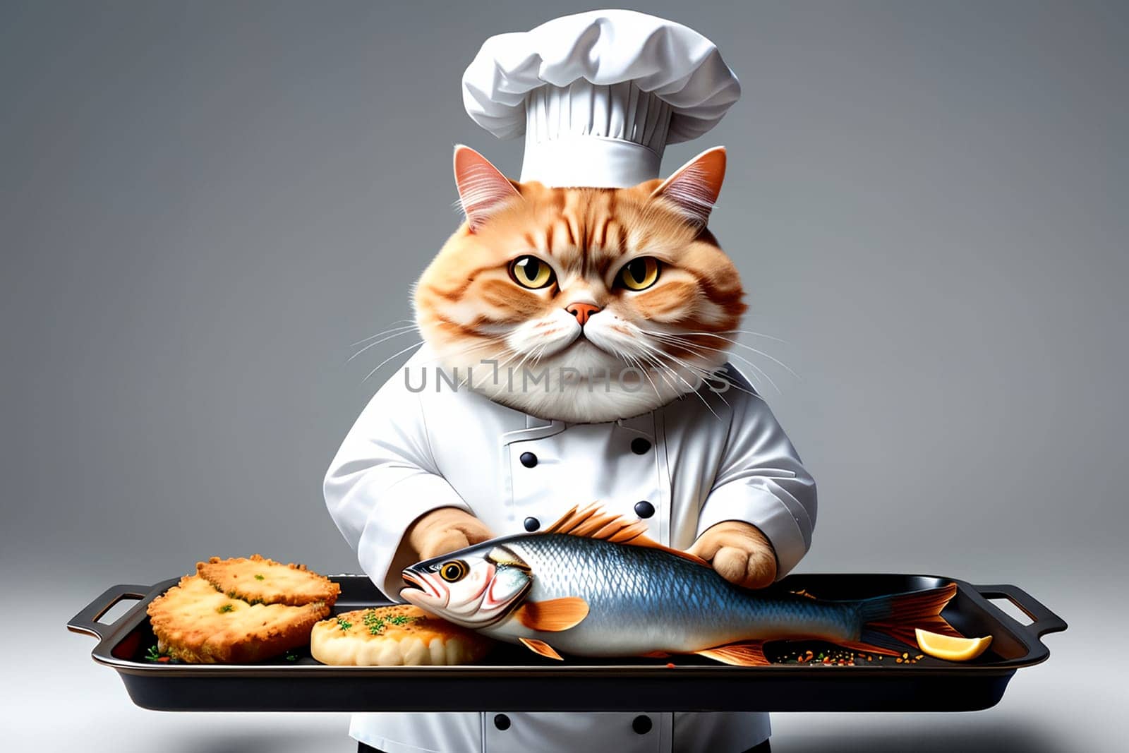 cat chef with cooked fish . AI generated image.