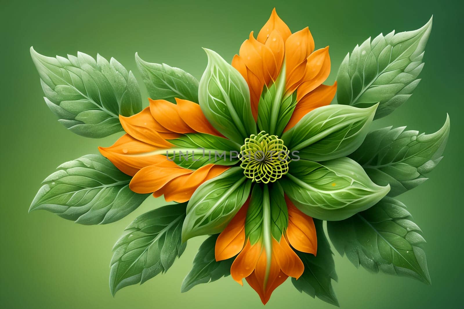unusual orange flower with green foliage, isolated on green background