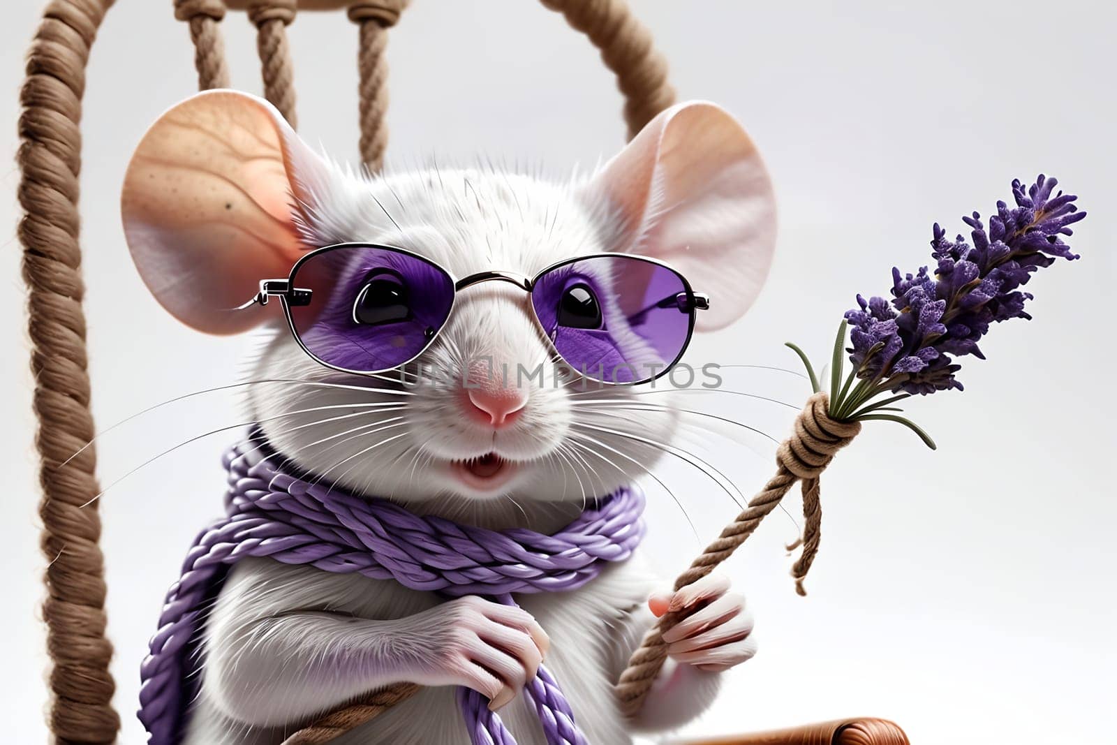 Gray cute cute mouse with lavender flower, isolated on white background