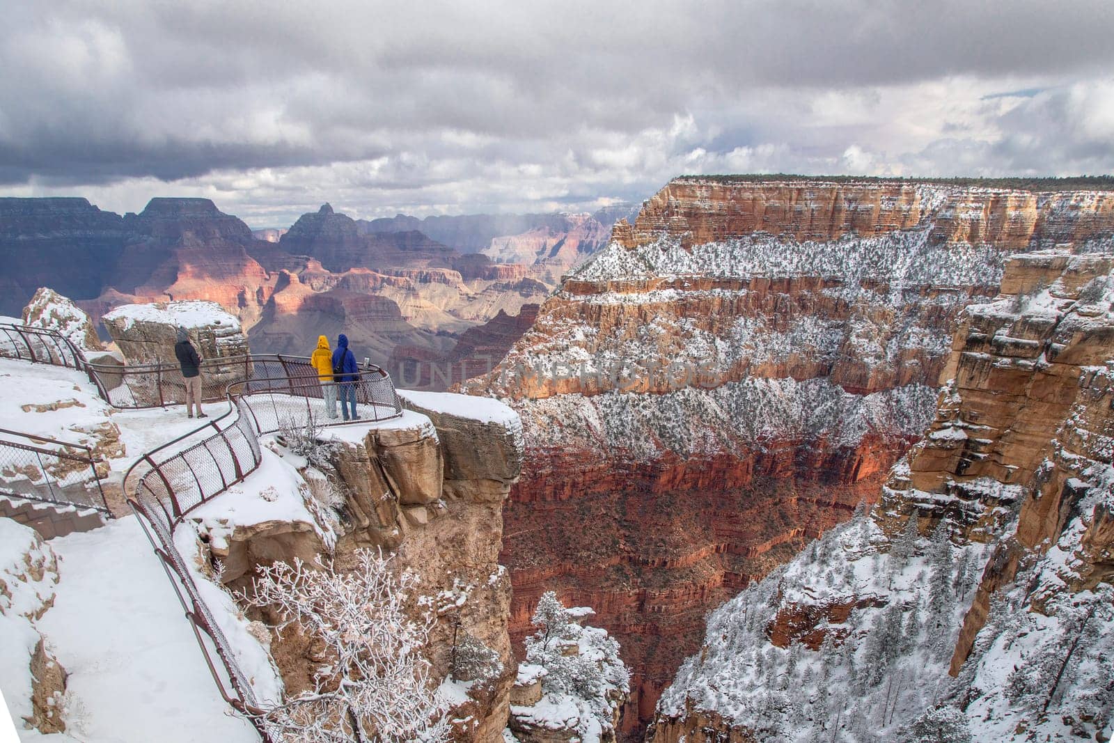 Fresh snow has fallen at the South Rim of The Grand Canyon at Grand Canyon National Park, Arizona