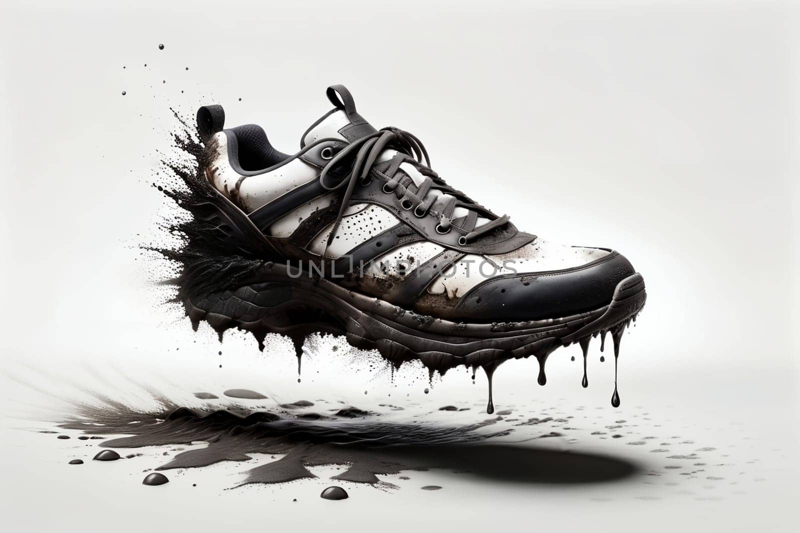 sneaker in a dirty wet puddle, dirt flows off the sneaker.