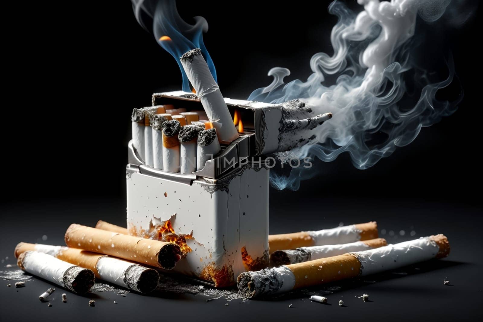 broken cigarettes, all in smoke. Smoking is harmful to health.