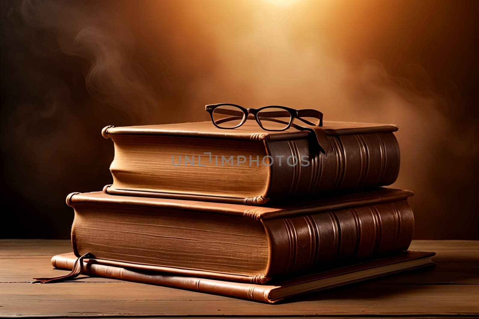 old leather bound books on brown background by Rawlik