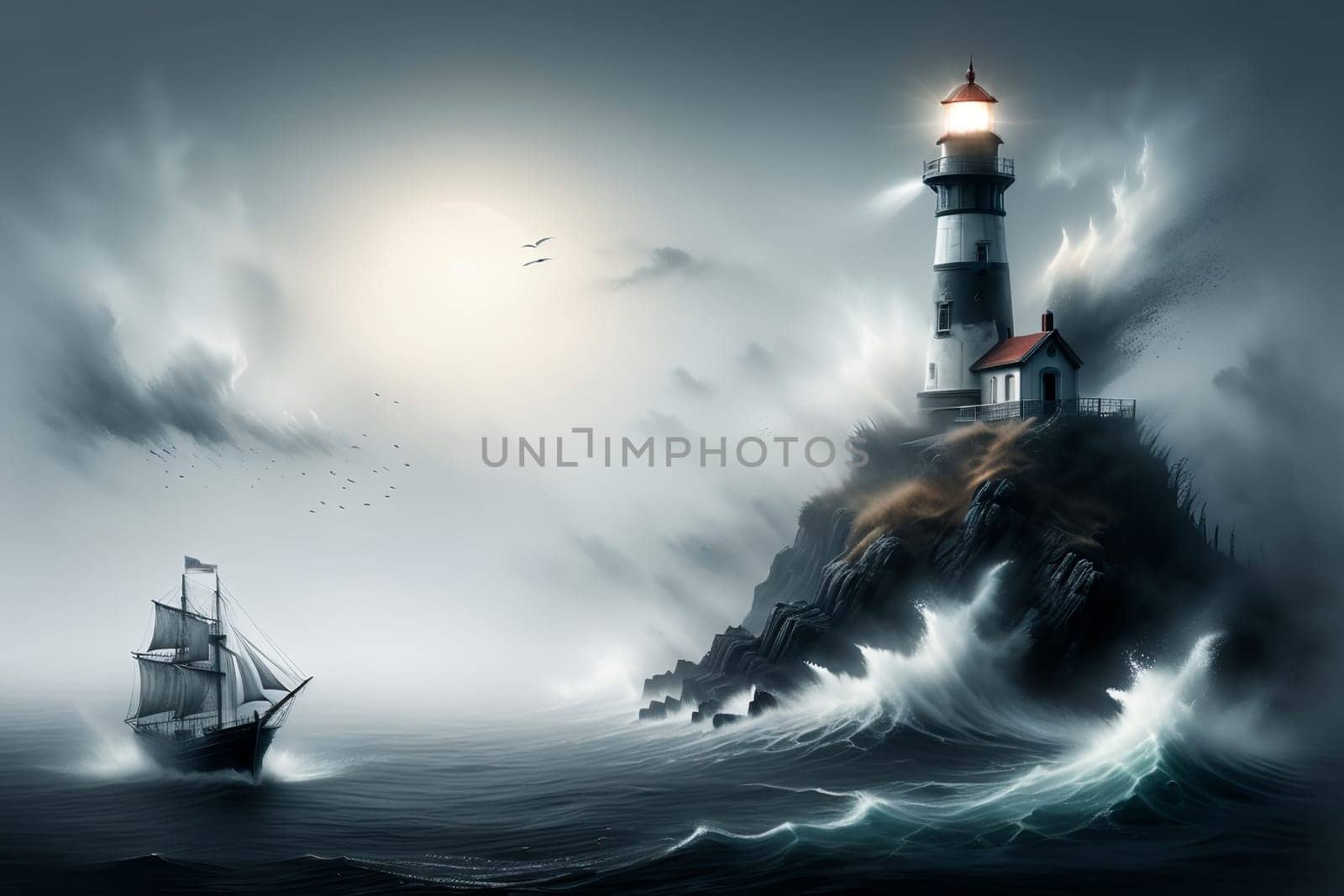 a lighthouse shows the way to a ship in a storm