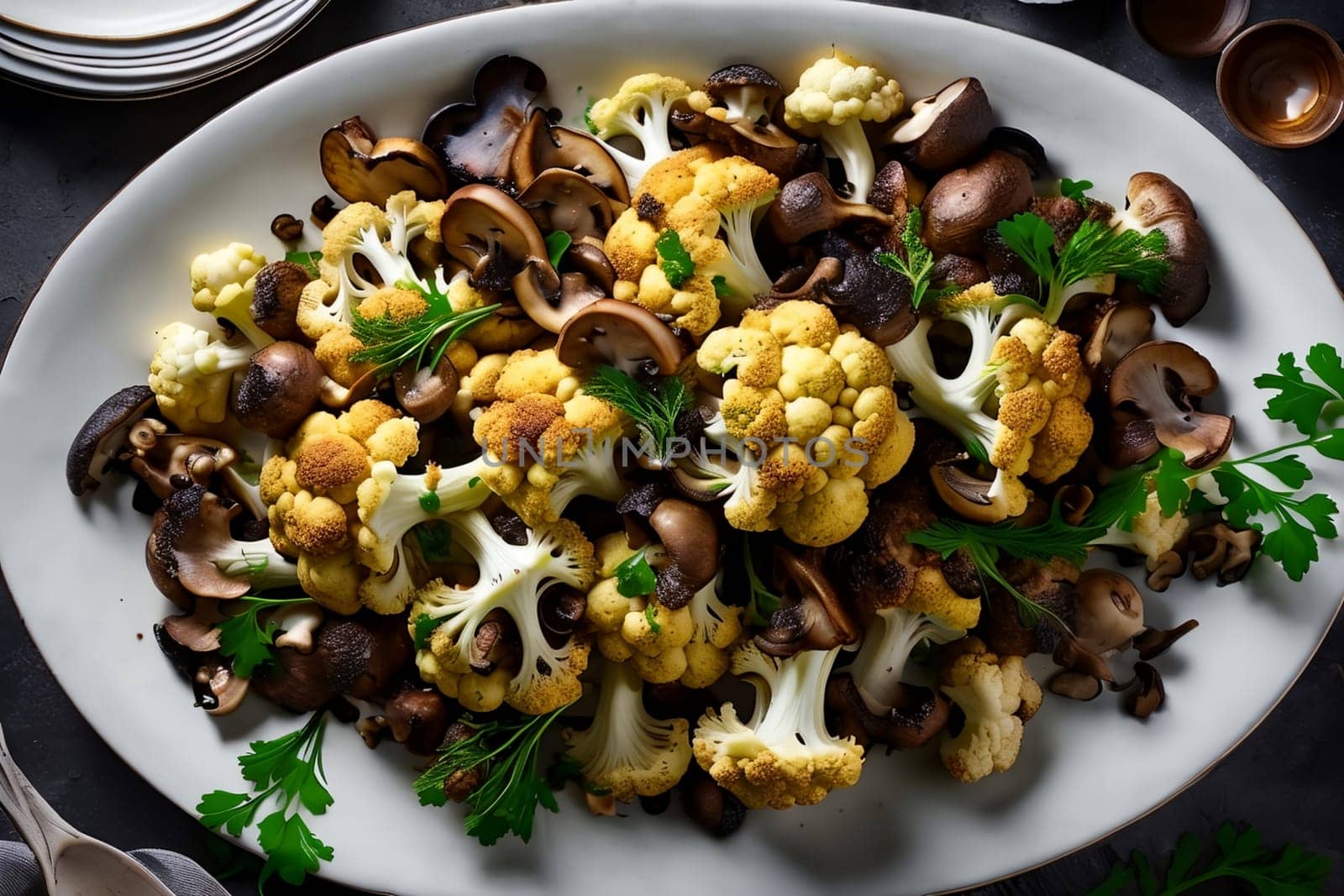 fried cauliflower with mushrooms in a plate with herbs, spices. On a wooden table.