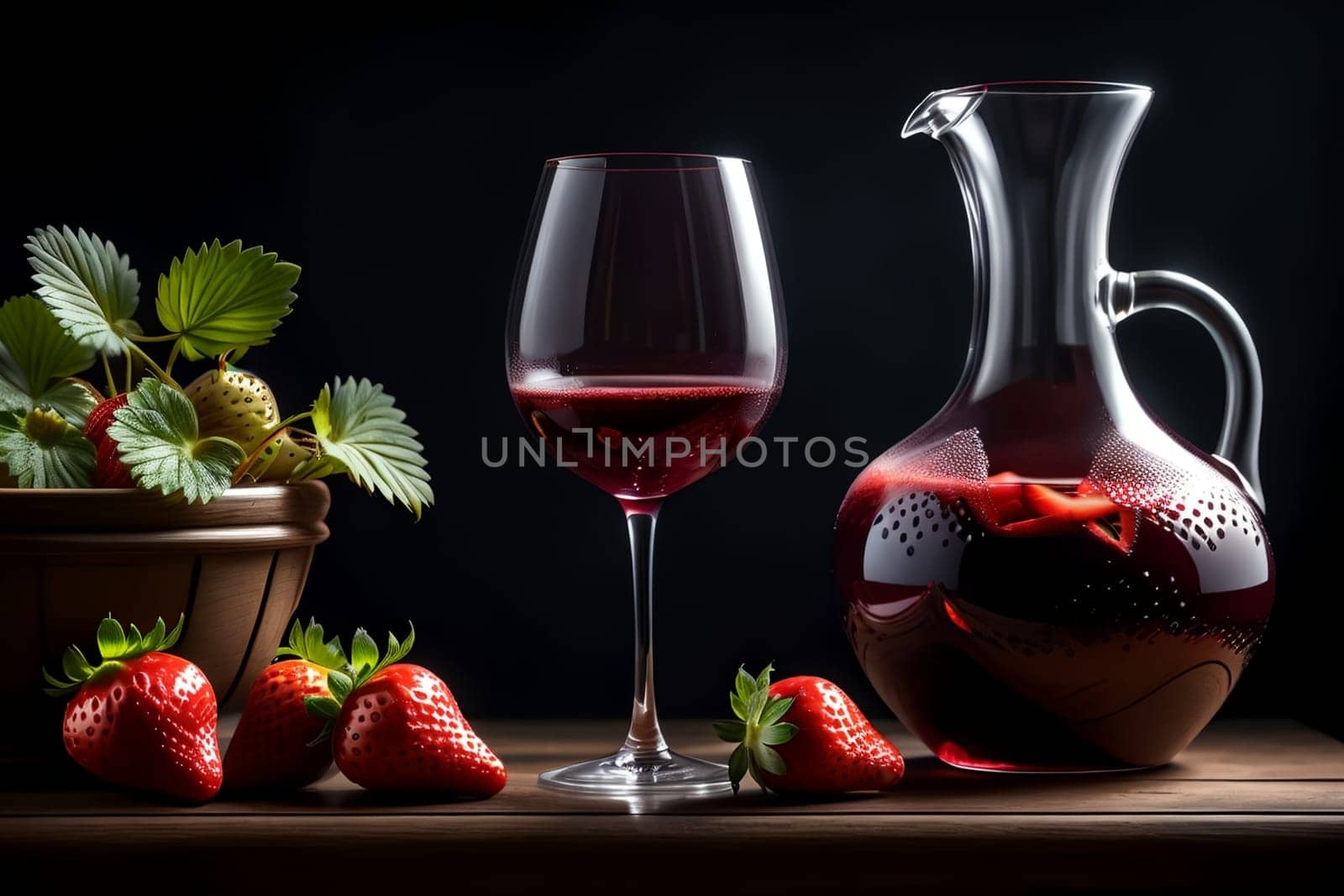 strawberry red wine in a glass and decanter against the background of ripe strawberries on the table.