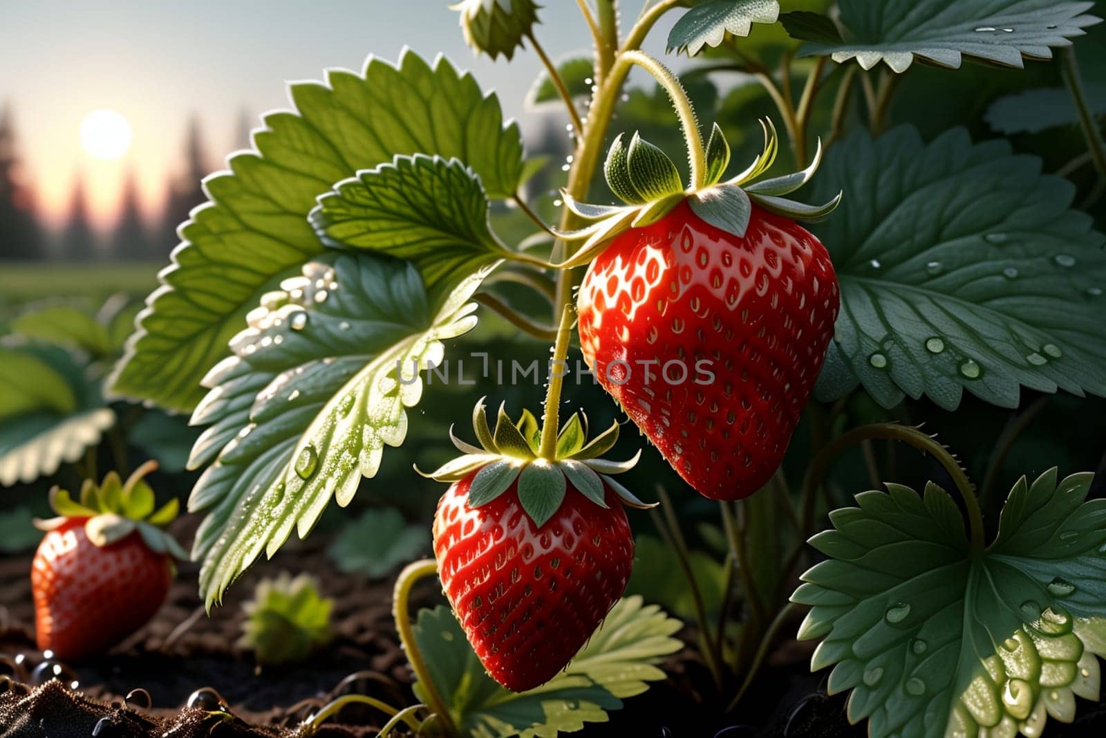 fresh ripe red strawberry growing in the ground by Rawlik