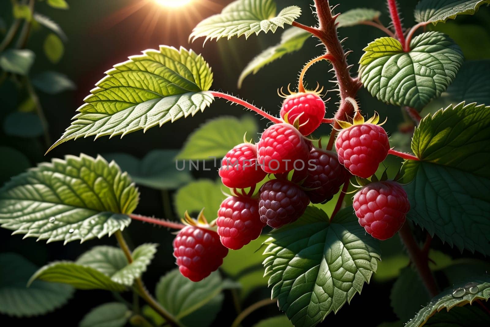 ripe red raspberries growing outdoors .