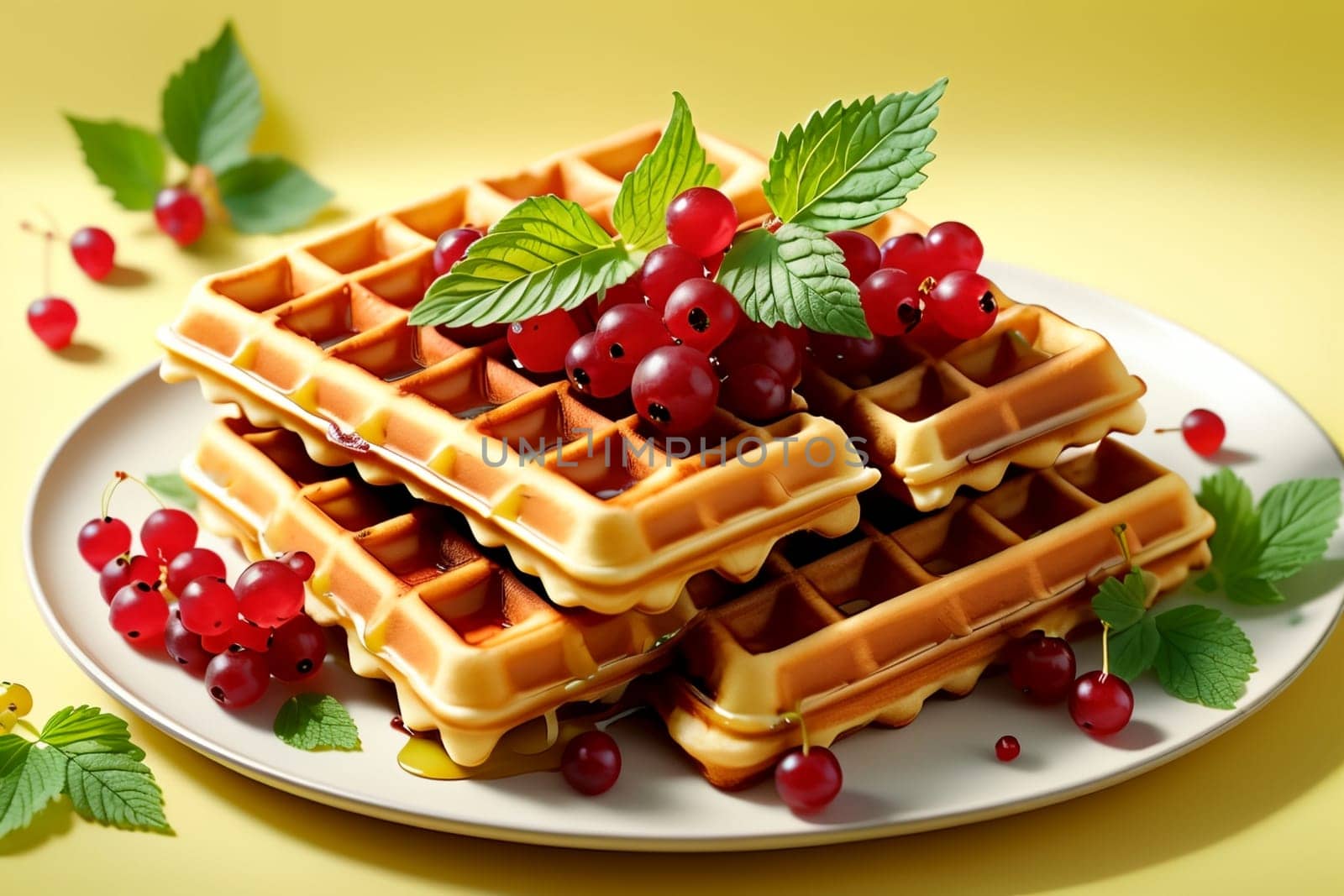 Viennese waffles with ripe red currants in a plate isolated on a yellow background .