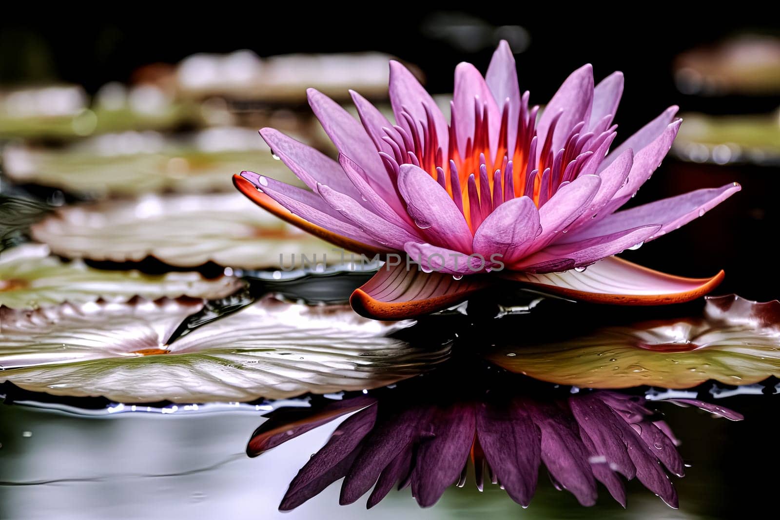 A beautiful pink flower is floating on the surface of a pond. The water is calm and the sky is a warm orange color. Concept of tranquility and peace