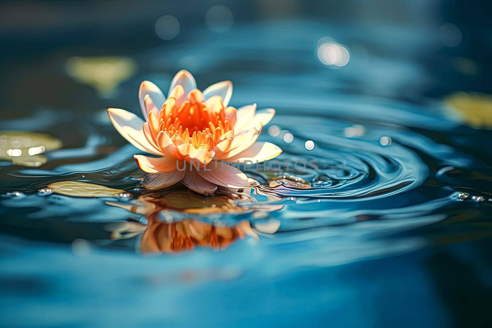 A beautiful pink flower is floating on the surface of a pond. The water is calm and the sky is a warm orange color. Concept of tranquility and peace