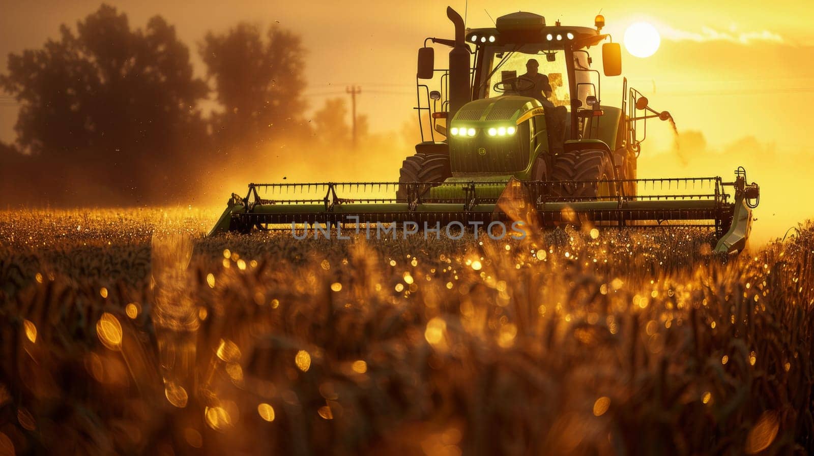 Harvesting wheat on the field at sunset.