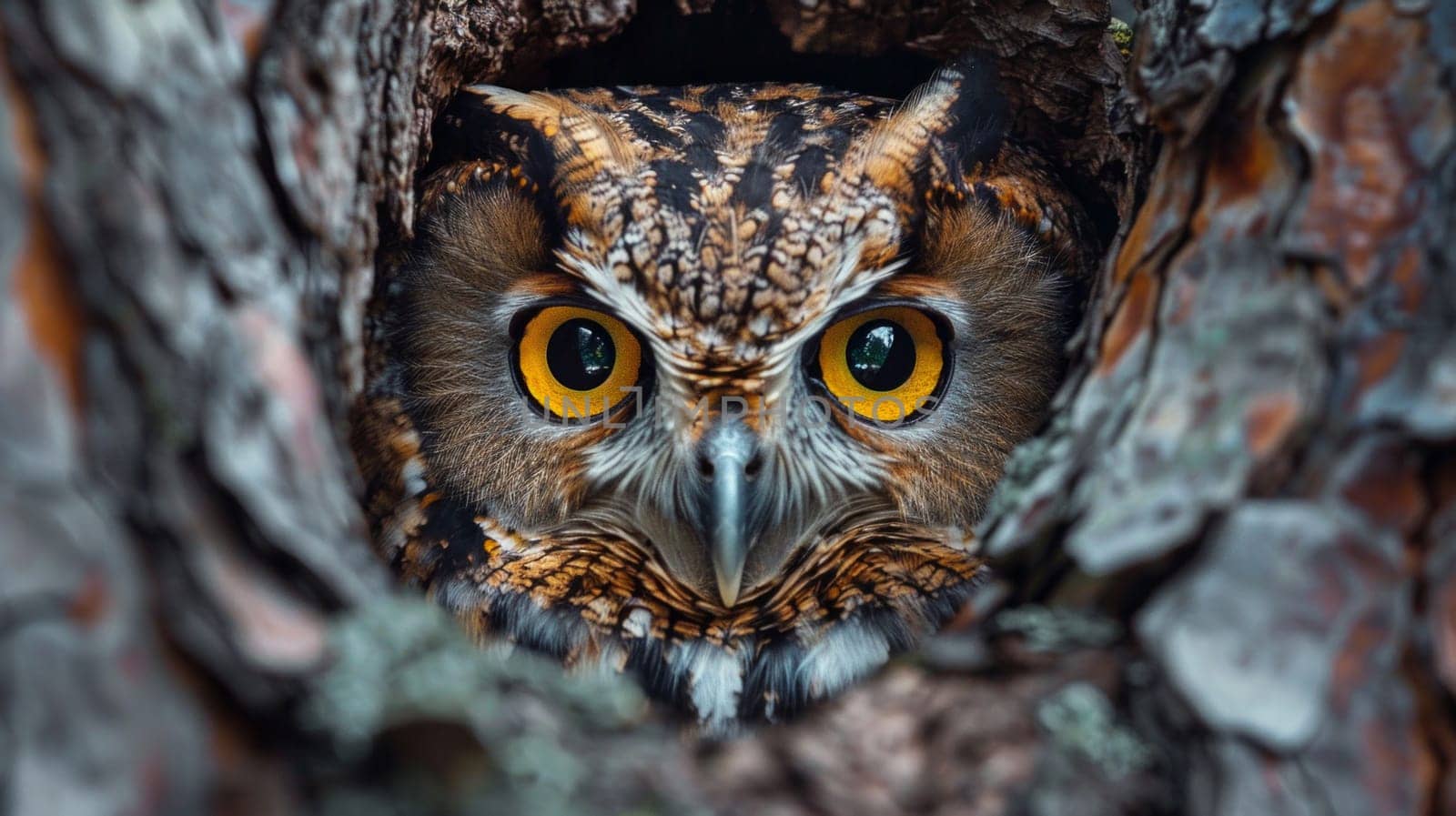 Macro shot of an owl face with big bright eyes hiding on a tree and looking at camera by papatonic