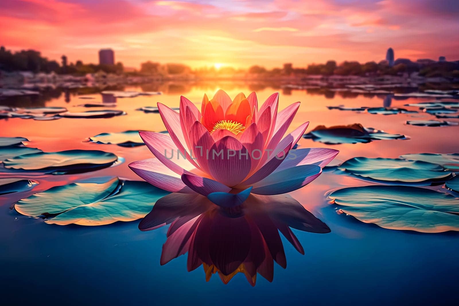 A beautiful pink flower is floating on the surface of a pond. The water is calm and the sky is a warm orange color. Concept of tranquility and peace