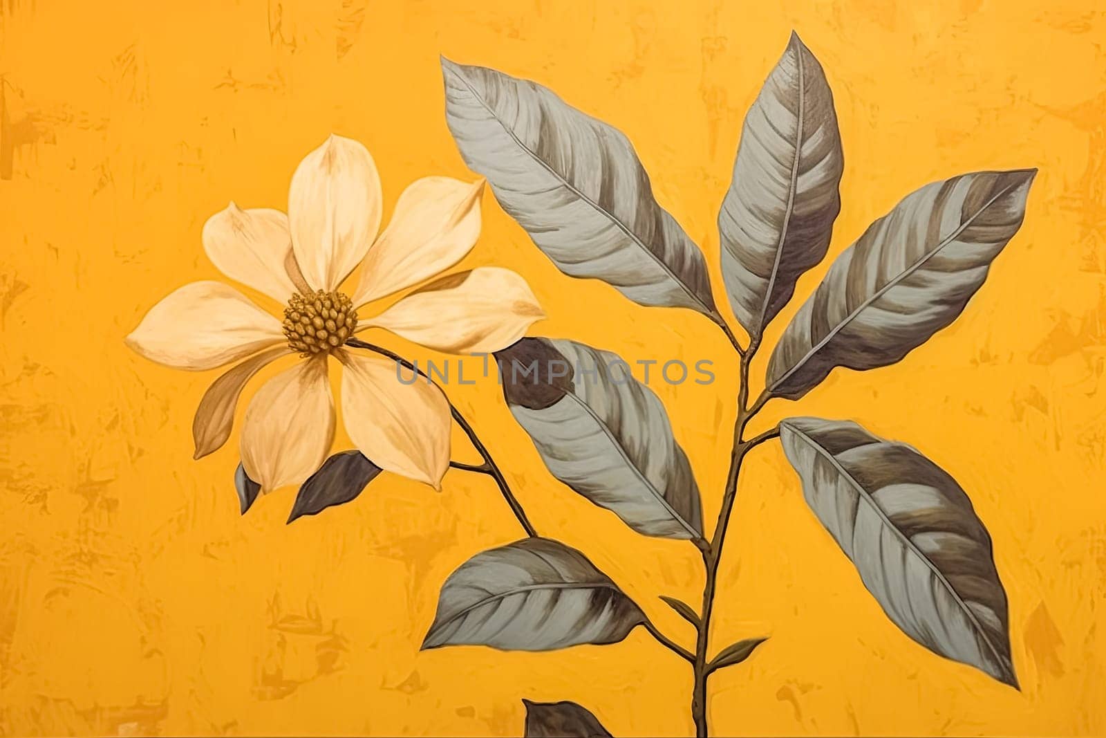 A yellow flower with a black stem is the main focus of the image. The flower is surrounded by leaves, which are also yellow. Scene is bright and cheerful, as the yellow color of the flower