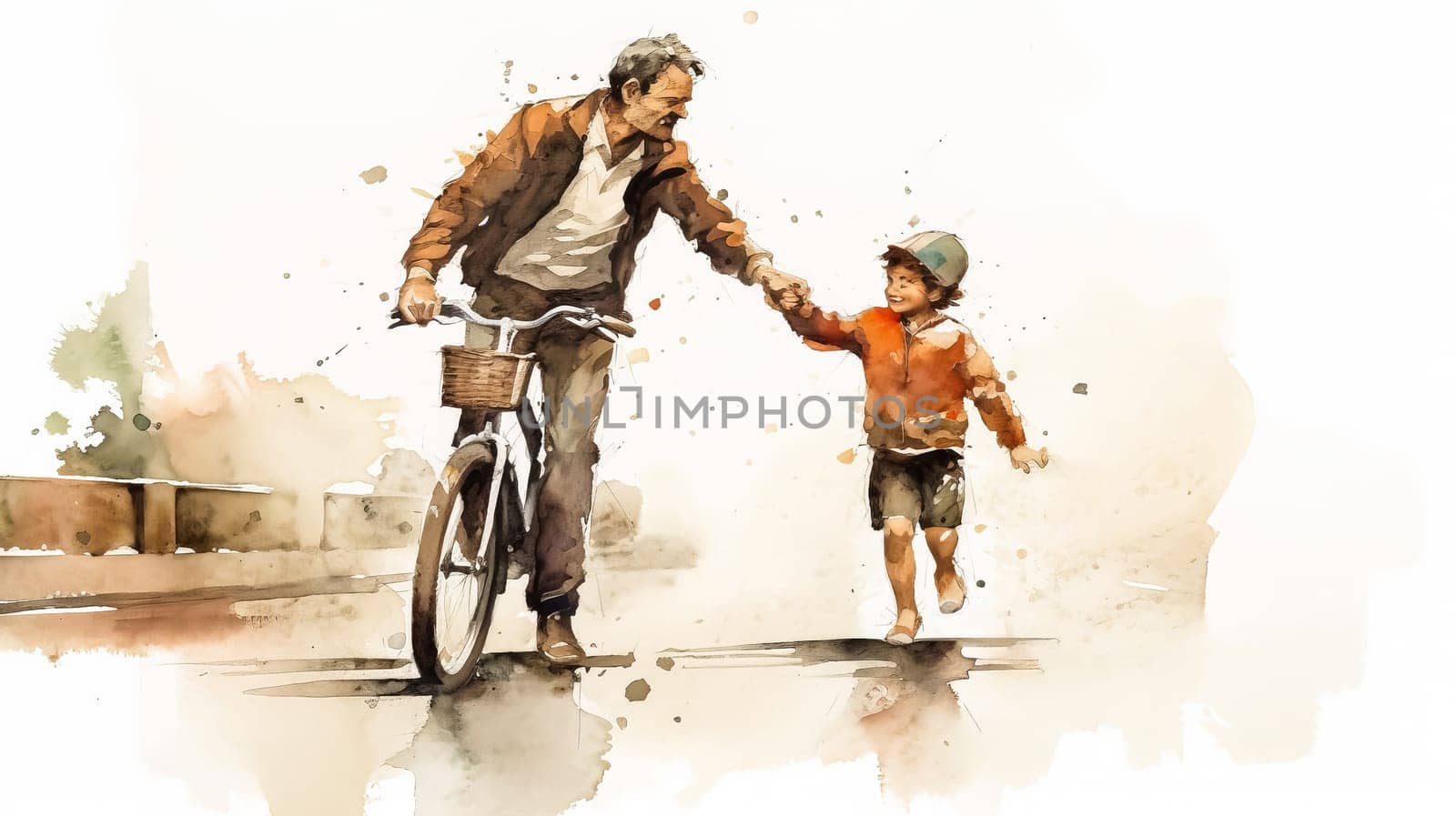 A man is holding a child's hand while riding a bicycle. Concept of warmth and bonding between the two. happy father's day concept