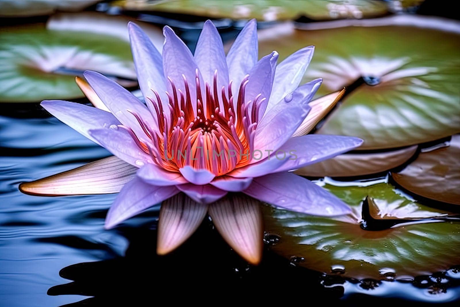 A beautiful pink flower is floating on the surface of a pond. by Alla_Morozova93