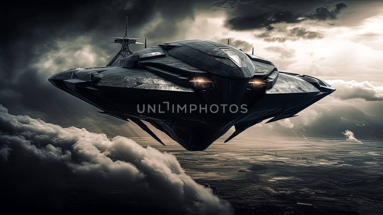 A large, futuristic space ship is flying through a cloudy sky. Scene is dark and mysterious, with the space ship being the only visible object in the scene