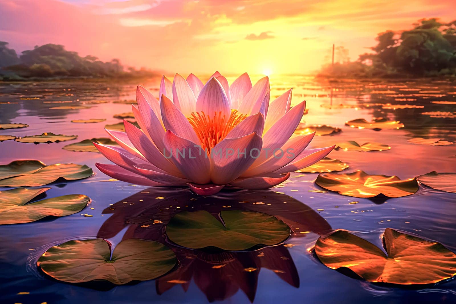 A beautiful pink flower is floating on the surface of a pond. The water is calm and the sky is a warm orange color. Concept of tranquility and peace