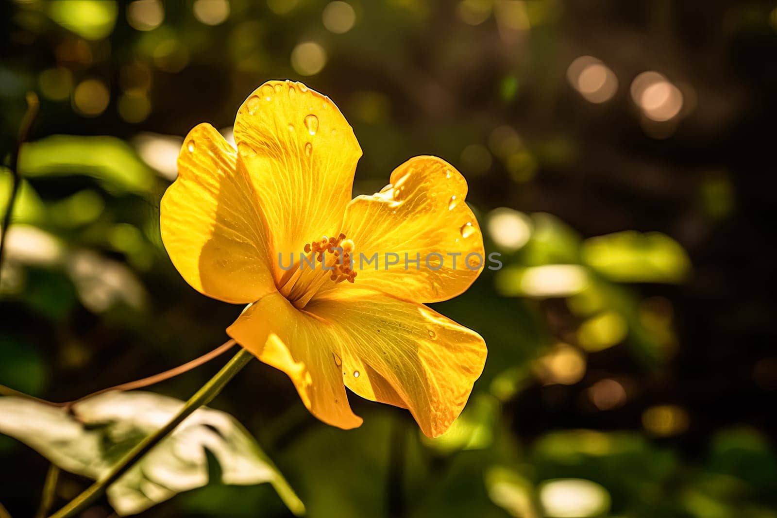 A yellow flower with a droplet of water on it. The flower is in a green field