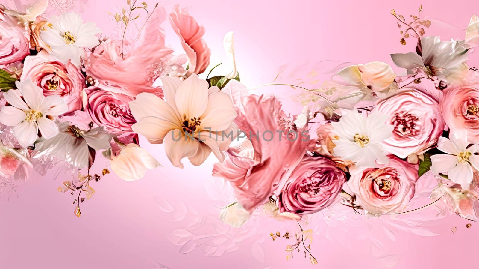 A colorful floral arrangement with pink and white flowers. The flowers are arranged in a way that creates a sense of movement and flow. Scene is one of beauty and serenity