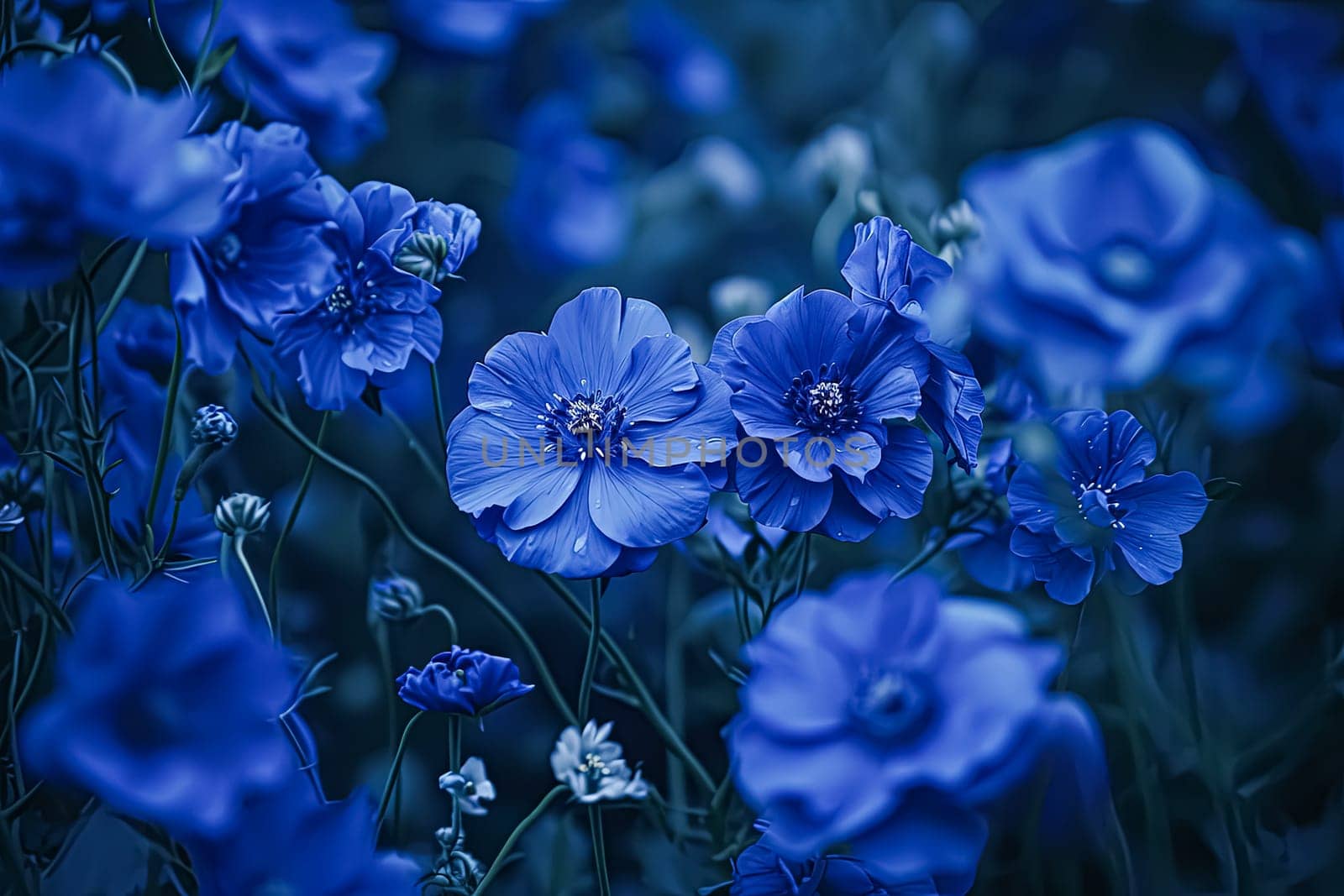 A close up of blue flowers with a blue background. The flowers are in full bloom and the blue color is vibrant and eye-catching