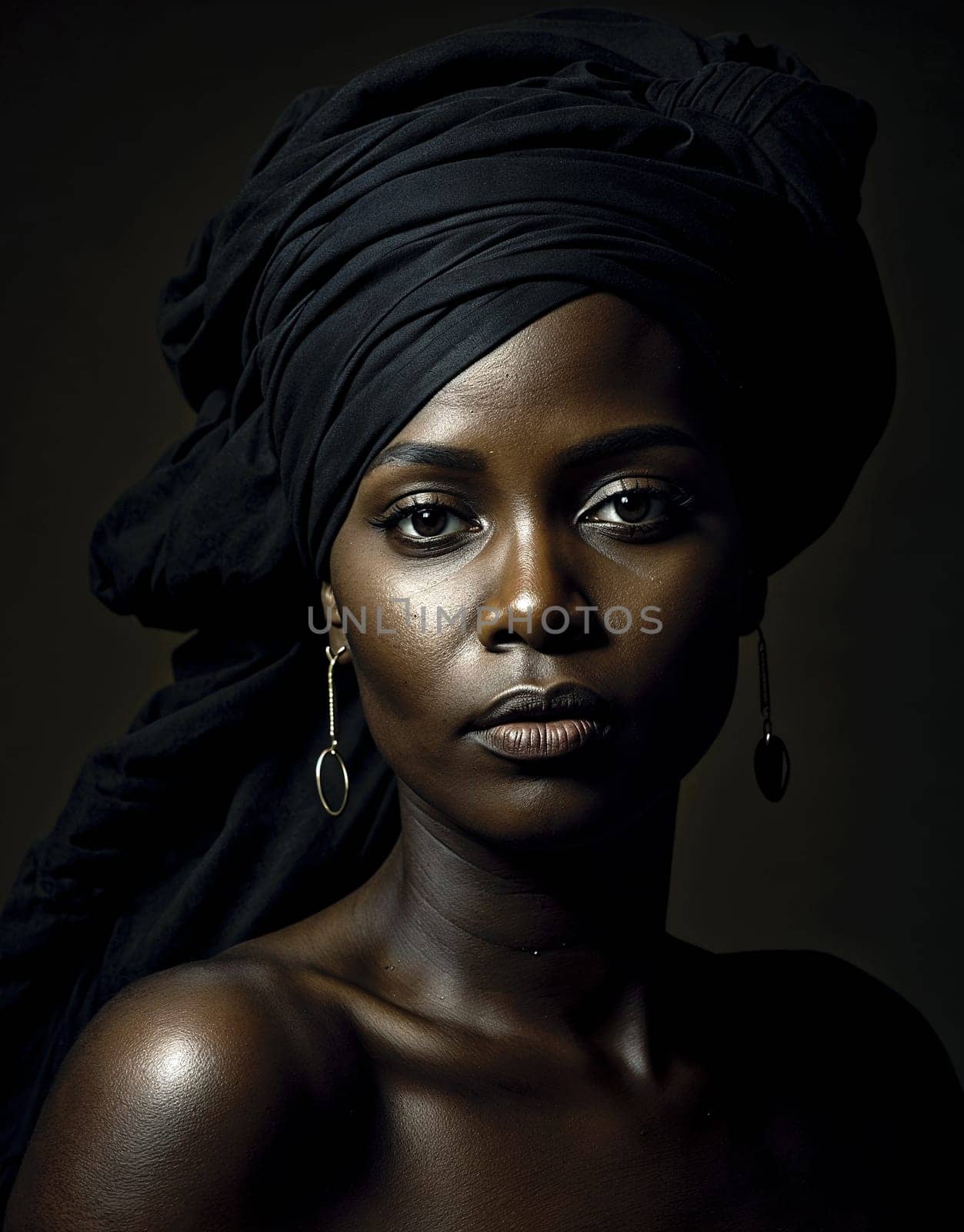 An african woman wearing a black dress and a turban on her head - Generative AI