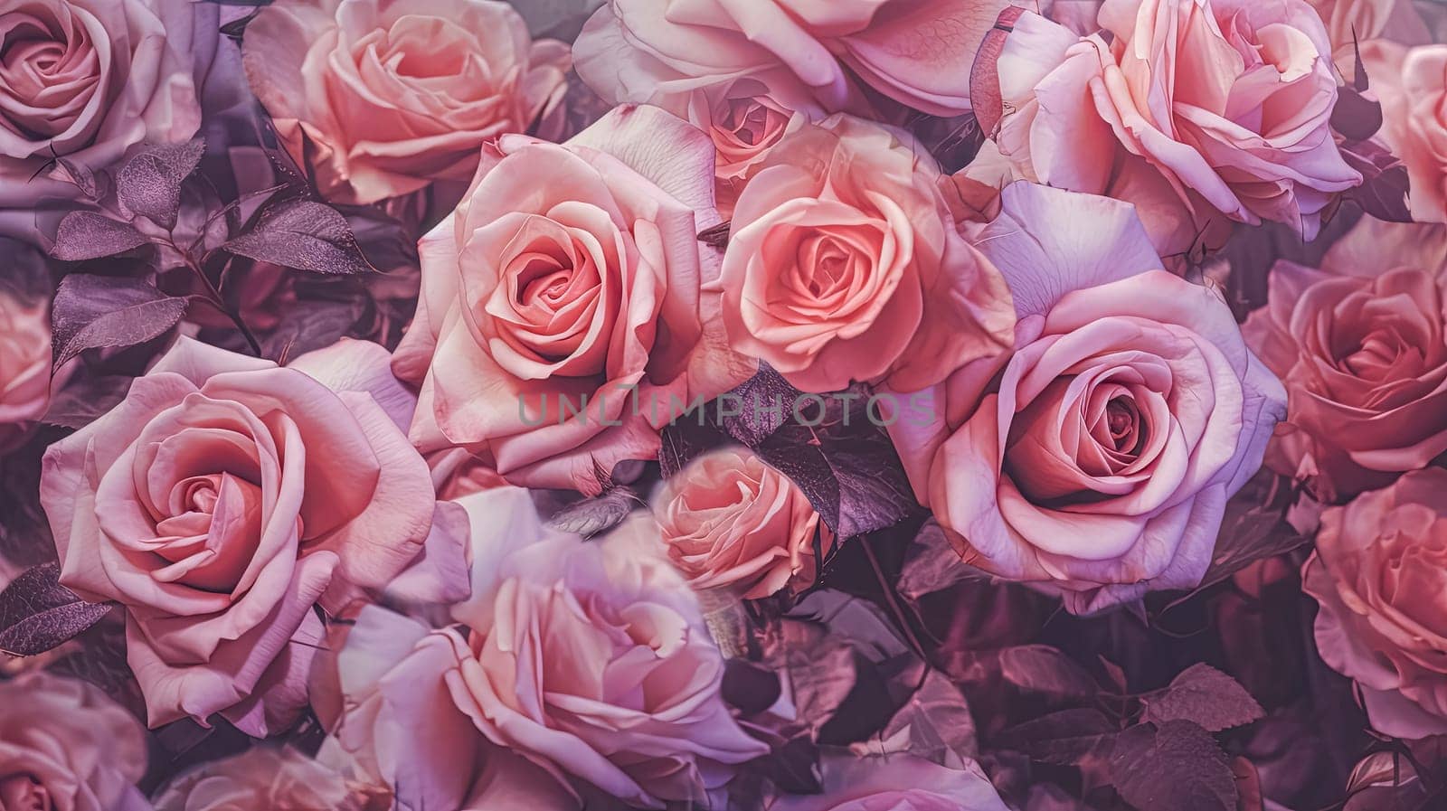 A bouquet of pink roses with a purple background. The roses are arranged in a way that they are overlapping each other, creating a sense of depth and dimension. Scene is one of beauty and elegance