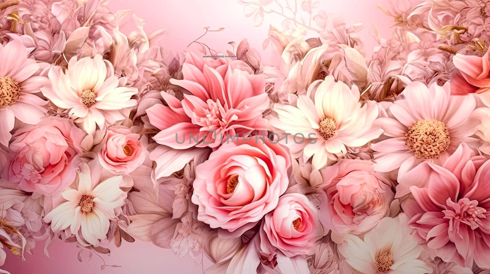 A colorful floral arrangement with pink and white flowers. The flowers are arranged in a way that creates a sense of movement and flow. Scene is one of beauty and serenity