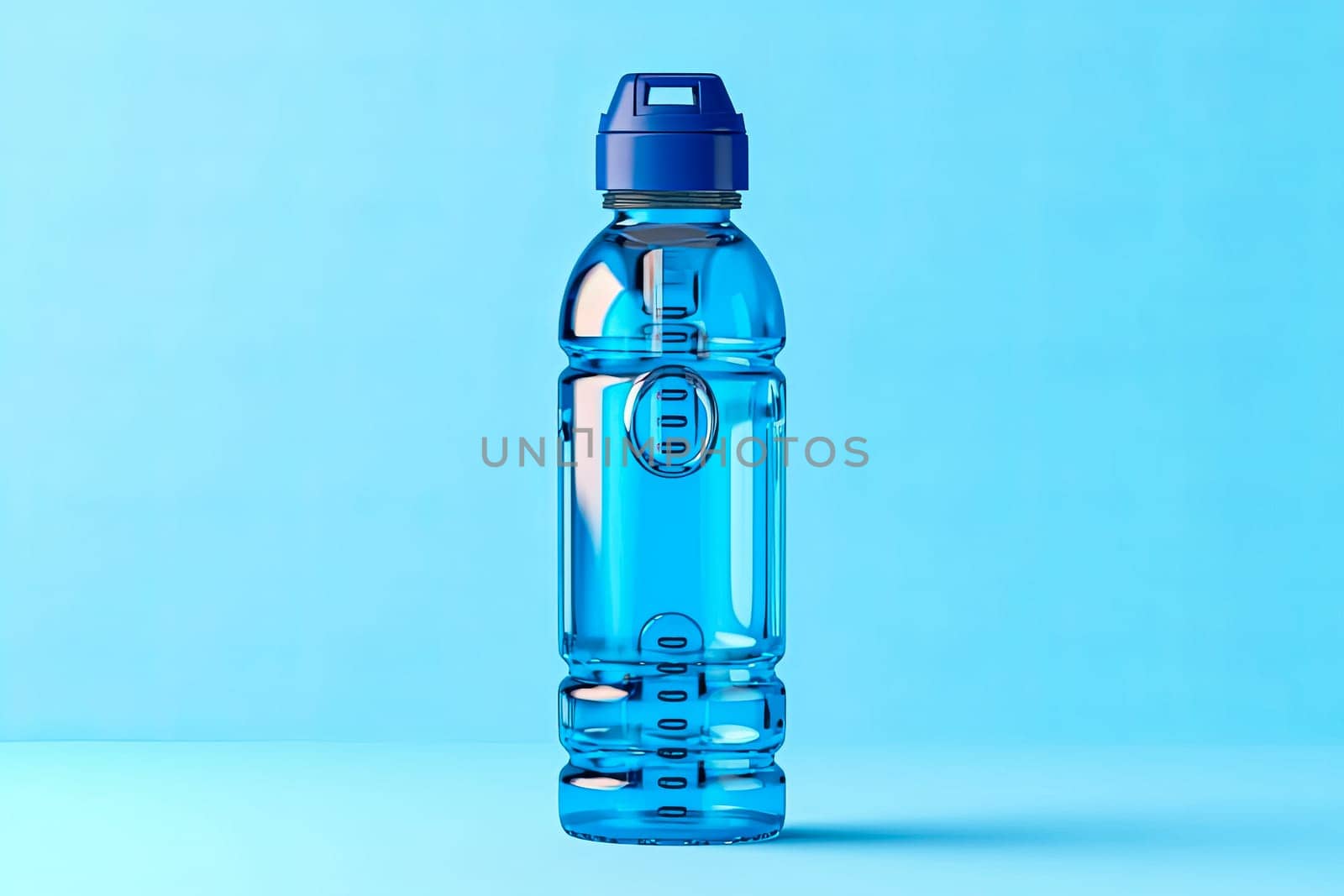 A transparent bottle featuring a blue cap rests against a blue backdrop, offering a simple yet striking visual contrast.