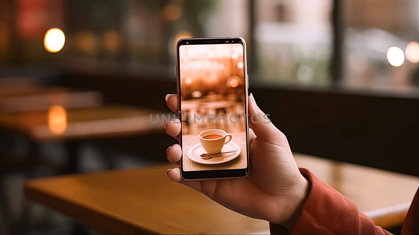 A person is holding a cell phone with a picture of a coffee cup on it. Concept of relaxation and enjoyment, as the person is likely to be sipping their coffee while looking at the photo