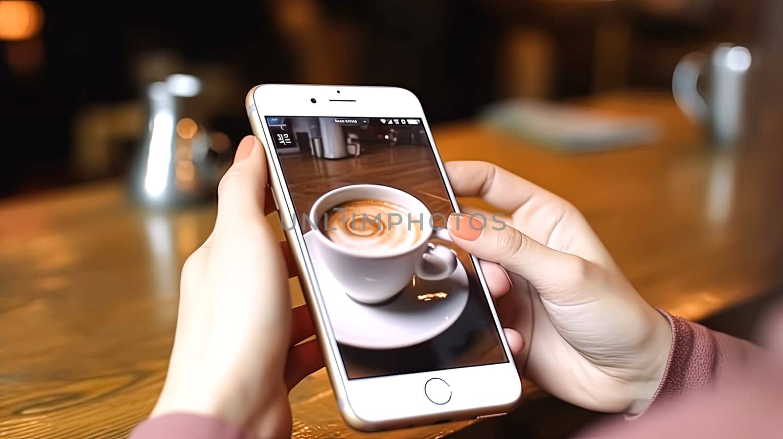 A person is holding a cell phone with a picture of a coffee cup on it. Concept of relaxation and enjoyment, as the person is likely to be sipping their coffee while looking at the photo