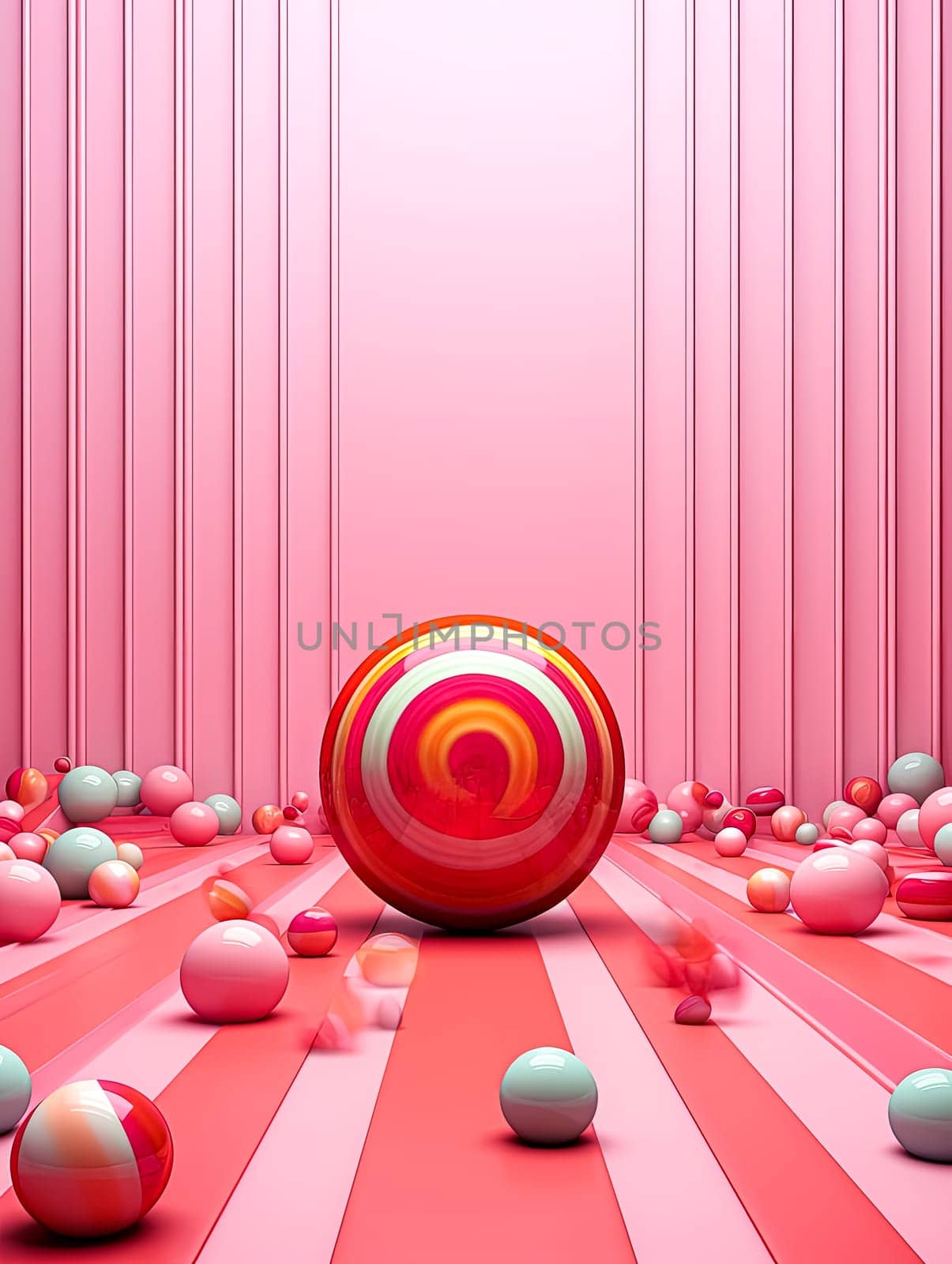 A colorful display of candy and lollipops on a pink background. The candy is arranged in a way that makes it look like a candy store. Scene is cheerful and playful