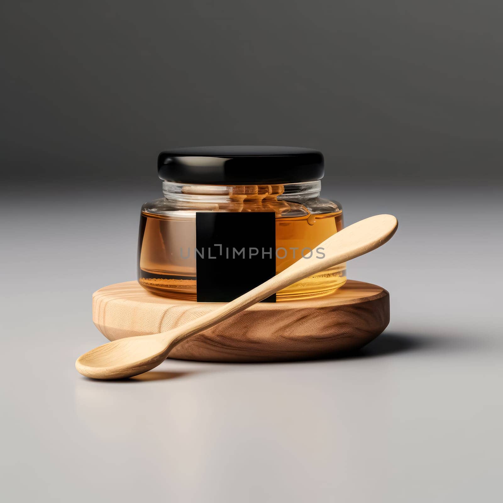 A wooden spoon is next to a jar of honey. The spoon is made of wood and has a curved handle. The jar of honey is in a glass container and is sitting on a white background