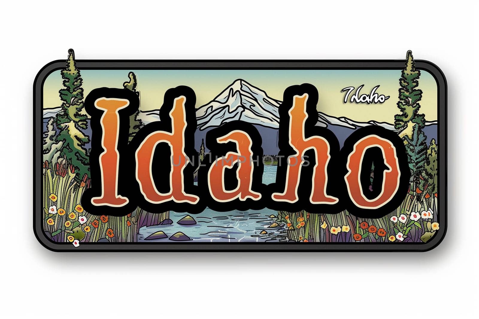 A sign displaying the word Idaho with a majestic mountain in the background, showcasing the scenic beauty of the state.