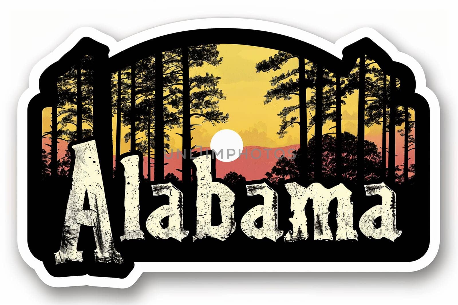 Close-up of a sticker with the word Alabama on a flat surface, showcasing a simple design with clear text.
