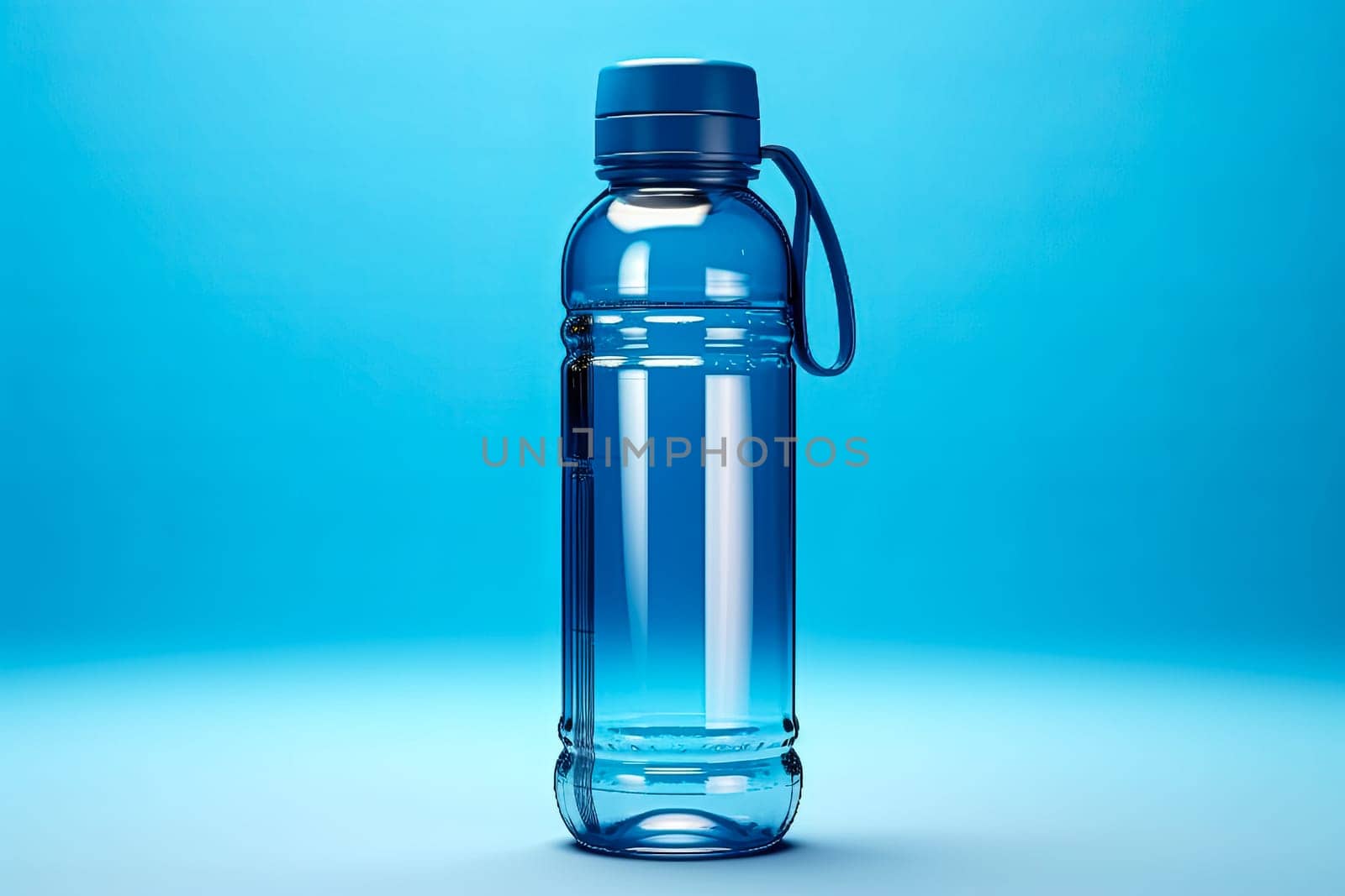 A transparent bottle featuring a blue cap rests against a blue backdrop, offering a simple yet striking visual contrast.