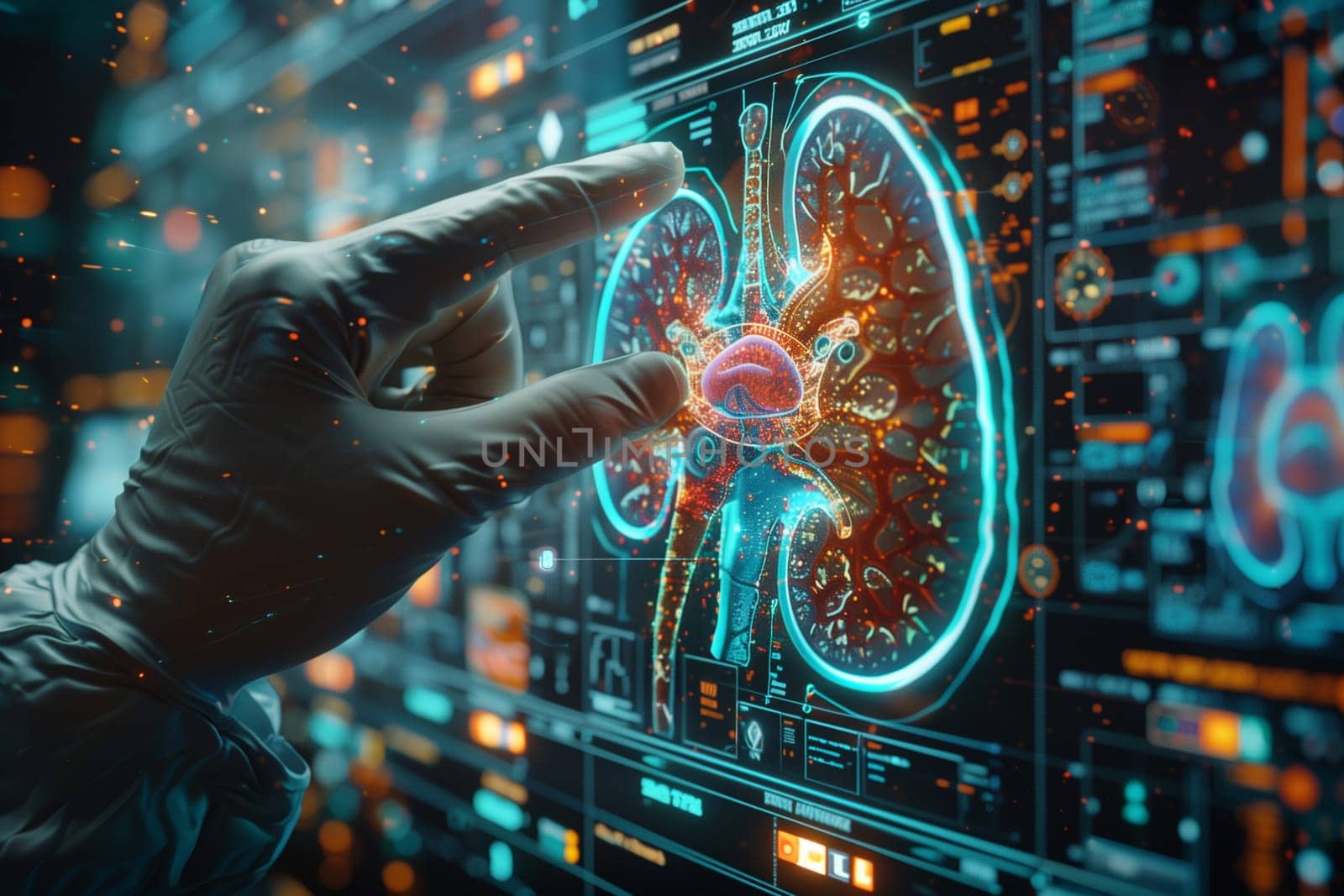 Hand pointing at a computer screen with a picture of a human kidney. Medical analysis, diagnosis, healthcare technology concept.