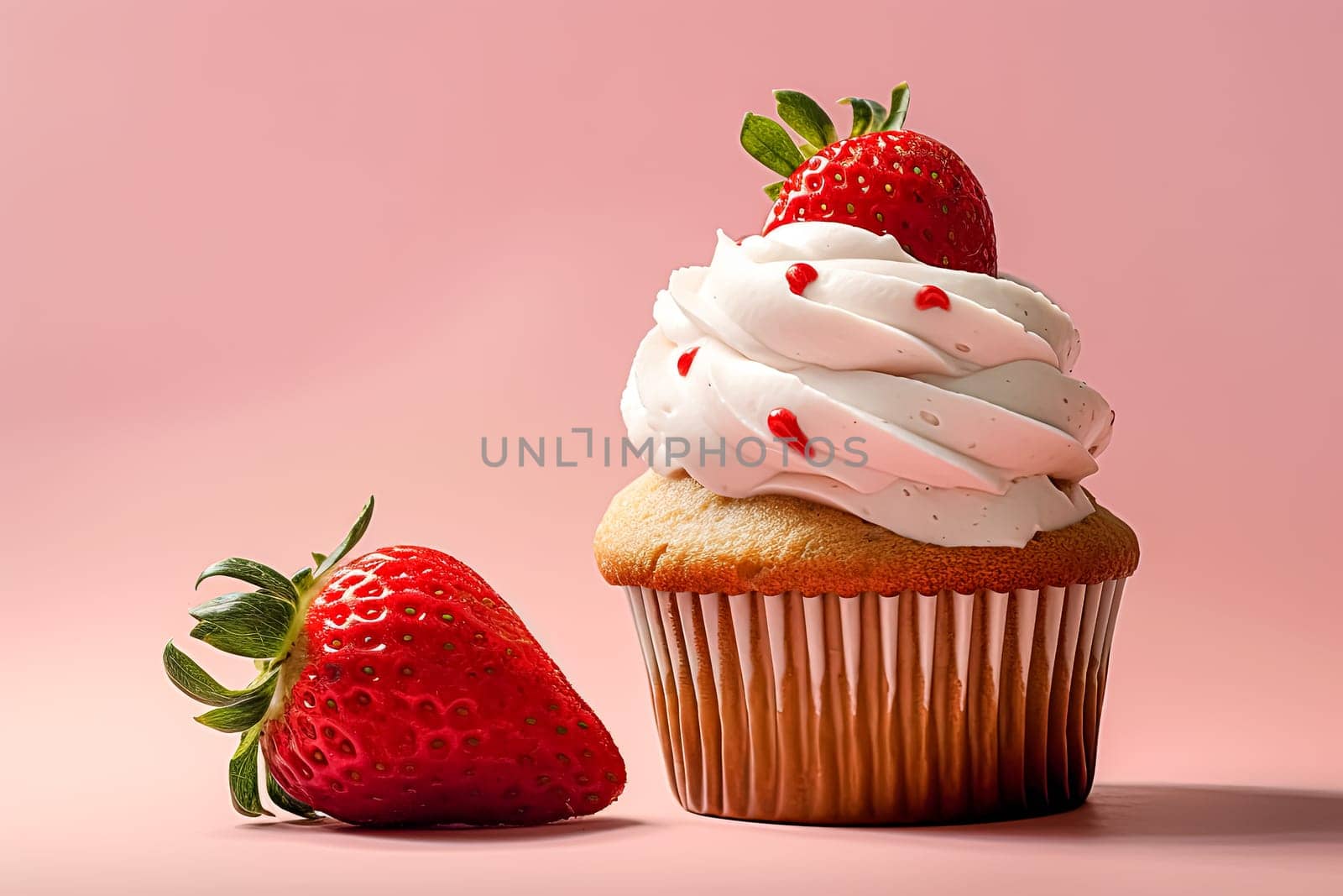 A strawberry and a cupcake are placed on a pink background. The cupcake is topped with frosting and has a strawberry on top. Concept of indulgence and sweetness, as the cupcake