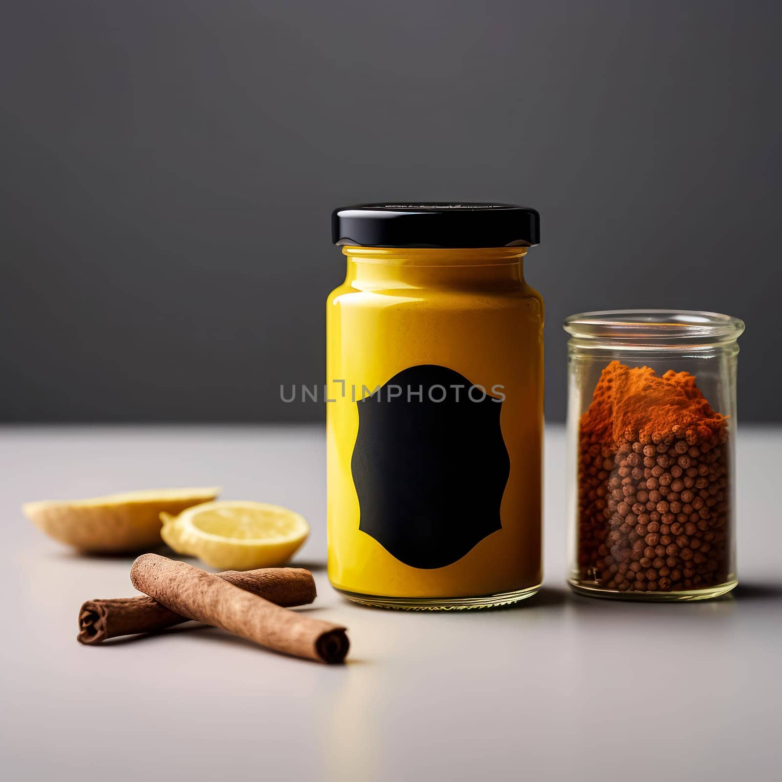 A jar of yellow mustard sits on a table next to a jar of spices. The mustard jar is black and has a label on it. The scene is simple