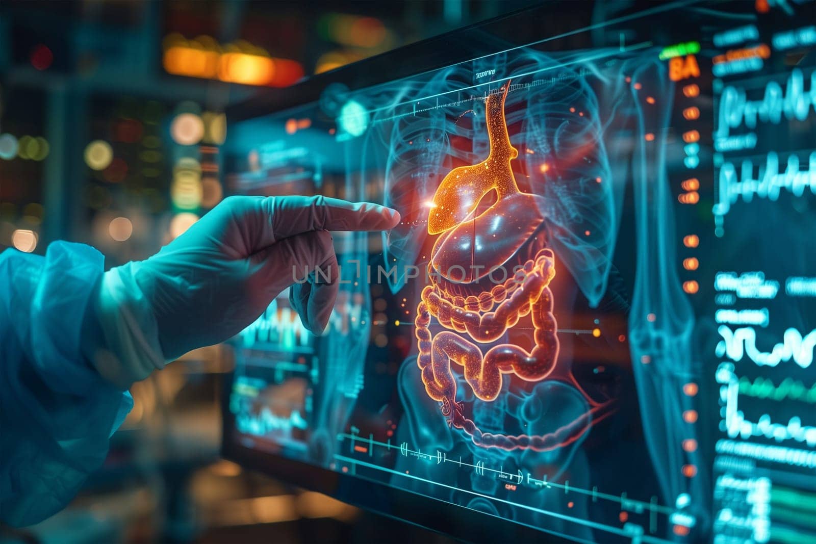 Hand pointing at a computer screen with a picture of human internal organs. Medical analysis, diagnosis, healthcare technology concept.