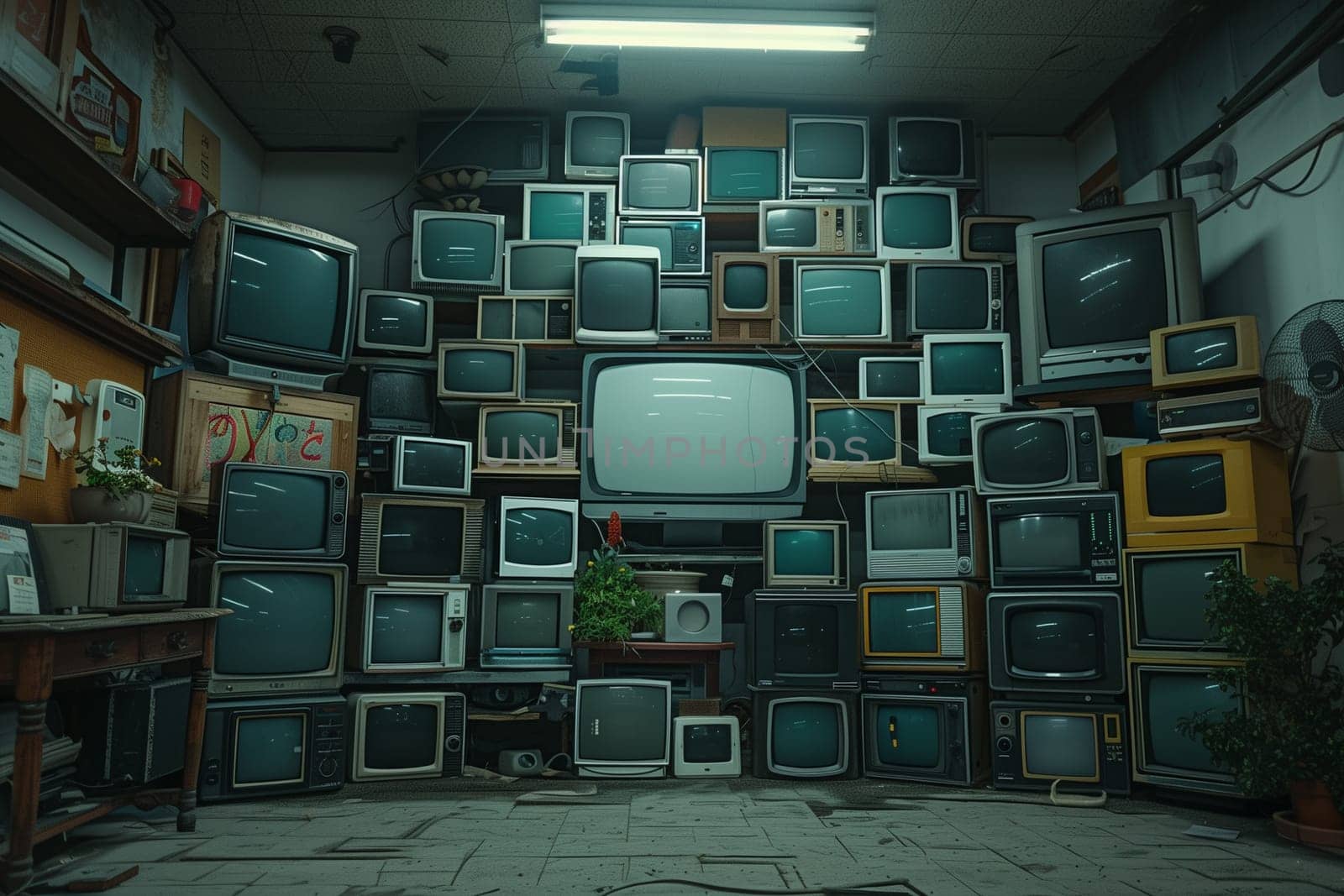 A room packed with multiple vintage television sets of various sizes and models, creating a nostalgic display of technology from different eras.