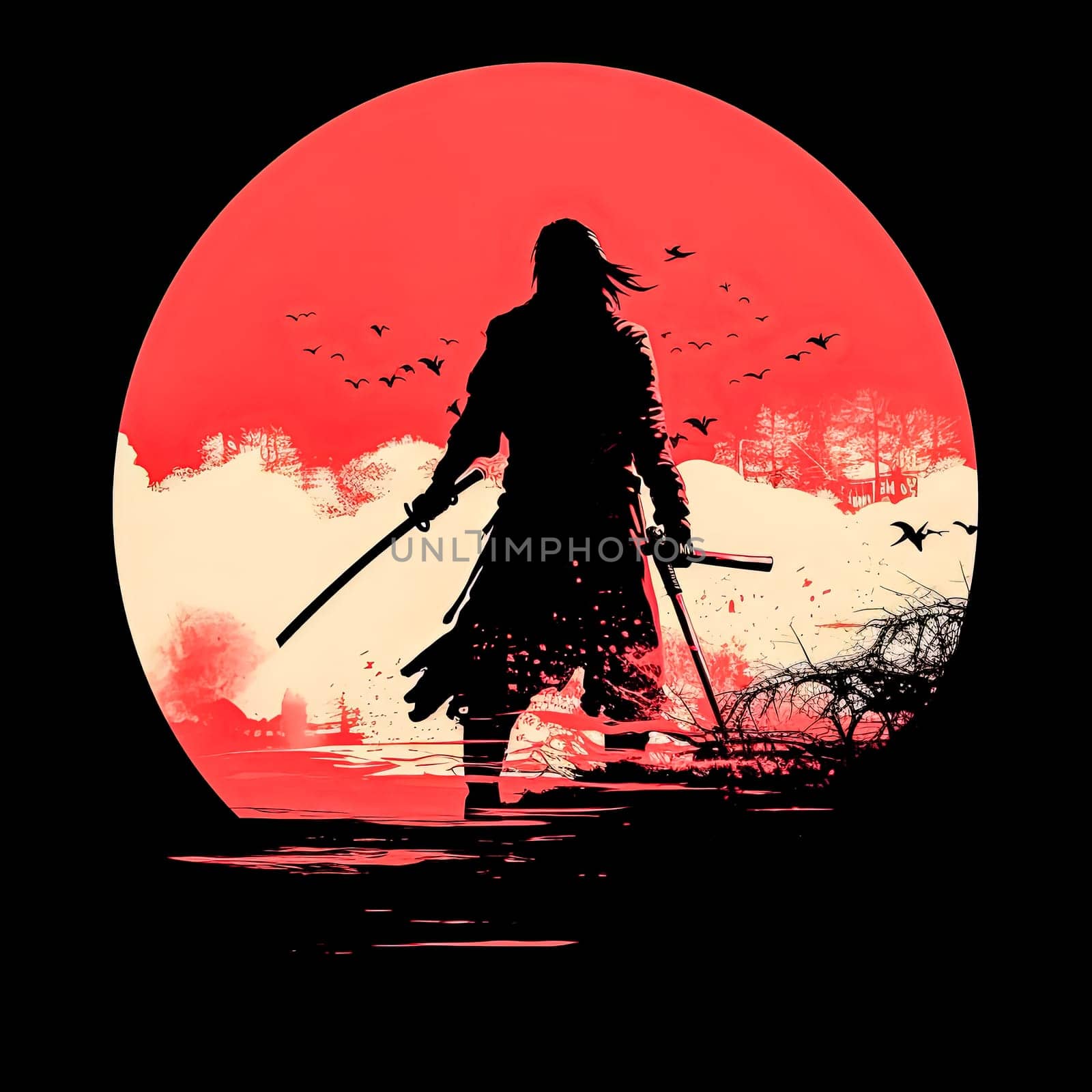 A man stands in front of a red moon. The man is holding a sword and he is a warrior. The image has a dark and mysterious mood, with the red moon and the man's silhouette creating a sense of danger